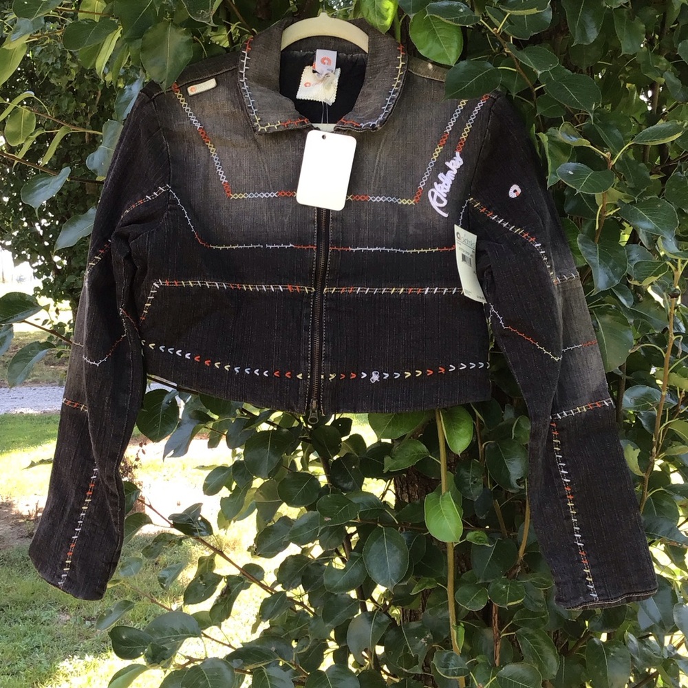 Akdmks Vintage Y2K Black Cropped Jean Jacket with Colorful Stitching
